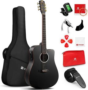 4/4 Electric Acoustic Guitar Full Size with Golden Tuning Pegs, Starter Kits Cutaway Electroacoustic Guitar Set for Beginner Adults Teens Students, Black (FREE SHIPPING)