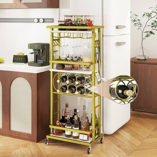 4-Tier Liquor Cabinet with wheels,Wine Rack Freestanding Floor, Bar Cart for Liquor Whiskey Wine,Versatile Wine Bottle Display Shelf,Mini Bar for Home Living Room,White