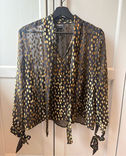 The Kooples Black and Gold Metallic Polka Dot Pussy-Bow Blouse