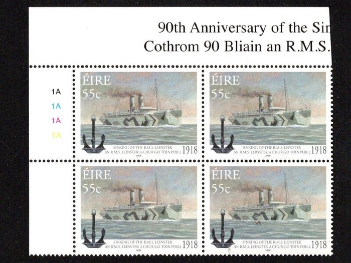 2008 Ireland 90th Anniversary of the Sinking of the RMS Leinster Commemorative Stamp Plate 1A1A1A1A Mint Never Hinged (MNH)