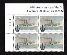 2008 Ireland 90th Anniversary of the Sinking of the RMS Leinster Commemorative Stamp Plate 1A1A1A1A Mint Never Hinged (MNH)