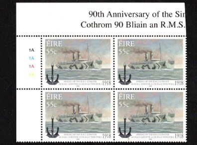 2008 Ireland 90th Anniversary of the Sinking of the RMS Leinster Commemorative Stamp Plate 1A1A1A1A Mint Never Hinged (MNH)