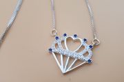 925 Sterling Silver Heart Crown Pendant Necklace with Blue &amp; White CZ Stones Elegant Royal Design