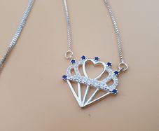 925 Sterling Silver Heart Crown Pendant Necklace with Blue & White CZ Stones Elegant Royal Design