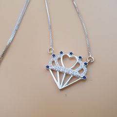 925 Sterling Silver Heart Crown Pendant Necklace with Blue & White CZ Stones Elegant Royal Design