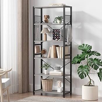 NEW SALE | 6 Tier Bookshelf, Standing Bookcase with 2 X-shape Strips,Metal Mesh Side Panels, 8 S-shaped Hooks, Industrial Storage Rack for Office, Living Room