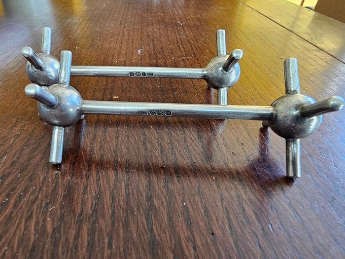 Antique Pair Solid Sterling Silver Knife Rests, Christopher Dresser Style Hallmarked