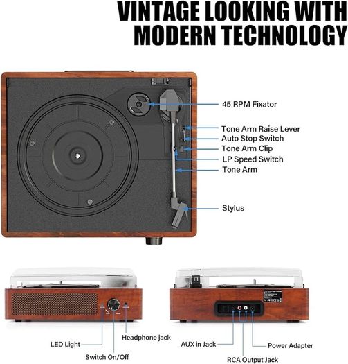 NEW SALE Bluetooth Record Player Belt-Driven 3-Speed Turntable, Vintage Vinyl Record Players Built-in Stereo Speakers, with Headphone Jack/Aux Input/RCA Line Out, Wooden