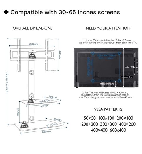 TV unit tempered glass (55x96x45 h/w/d) & swivel stand