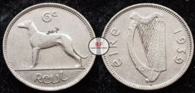 [#618] - Ireland 1939 | Irish 6d | Six Pence | Wolfhound | KM.13