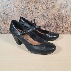 CLARKS heels court shoes black leather Size Uk 5.5 D Eu 39