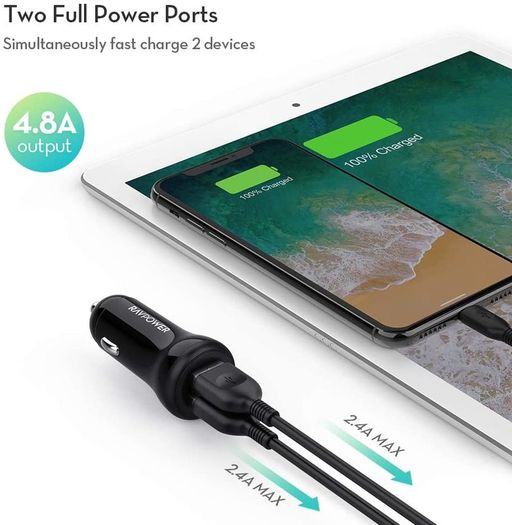 Car Charger USB Car Cigarette Lighter 24W Adapter with Total 5V 4.8A Output and Two Guiding LED Lights for iPhone XS/XR/XS Max, Galaxy S9/S8, iPad Pro, and Android Devices