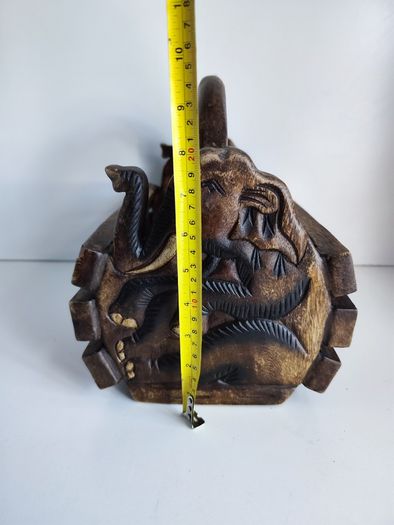 Vintage wooden box magazine holder Elephants relievo sculpture animals