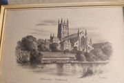 Framed OLD PRINT SIGNED BY UK Artist Judges Pencil Sketches  Of Worcester Cathedral
