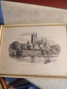 Framed OLD PRINT SIGNED BY UK Artist Judges Pencil Sketches  Of Worcester Cathedral