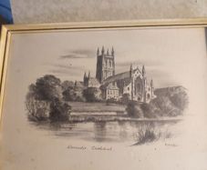 Framed OLD PRINT SIGNED BY UK Artist Judges Pencil Sketches  Of Worcester Cathedral