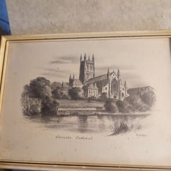 Framed OLD PRINT SIGNED BY UK Artist Judges Pencil Sketches  Of Worcester Cathedral