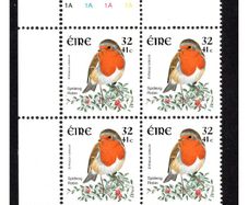 2001 Ireland 32p/41c Robin Dual-value Bird Definitive Stamp Plate Block 1A1A1A1A Mint Never Hinged (MNH)