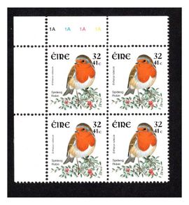 2001 Ireland 32p/41c Robin Dual-value Bird Definitive Stamp Plate Block 1A1A1A1A Mint Never Hinged (MNH)