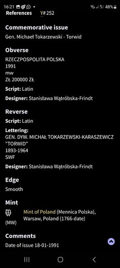 1991 Tokarzewski 200000 zlotych silver coin Poland