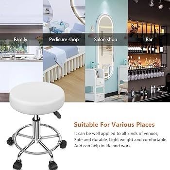 PU Leather Round Rolling Stool with Foot Rest Swivel Height Adjustment Spa Drafting Salon Tattoo Work Office Massage Stools Task Chair Small