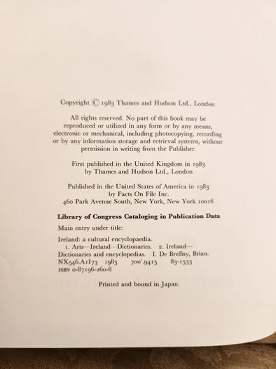 Ireland. A Cultural Encyclopedia Edited By Brian De Breffny. 328 Illusions. 20 In Colour. First Edition Large Volume Hardback With Dustjacket In Good Condition.