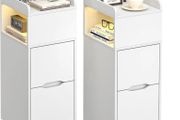 Narrow Bedside Table set of 2 with Sensor LED Light, Slim Side Table with Charging Station, Small Bedside Cabinet with 1 open Compartment and 2 Drawers for Living Room Bedroom, White(2 pcs)