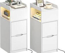 Narrow Bedside Table set of 2 with Sensor LED Light, Slim Side Table with Charging Station, Small Bedside Cabinet with 1 open Compartment and 2 Drawers for Living Room Bedroom, White(2 pcs)
