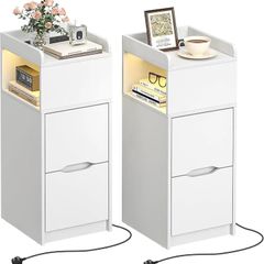 Narrow Bedside Table set of 2 with Sensor LED Light, Slim Side Table with Charging Station, Small Bedside Cabinet with 1 open Compartment and 2 Drawers for Living Room Bedroom, White(2 pcs)