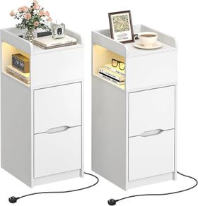 Narrow Bedside Table set of 2 with Sensor LED Light, Slim Side Table with Charging Station, Small Bedside Cabinet with 1 open Compartment and 2 Drawers for Living Room Bedroom, White(2 pcs)