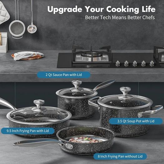 Stainless Steel Pots and Pans Set, 7-Piece Induction Hob Pan Set, Kitchen Cookware Set Cooking Set with Frying Pan Saucepan & Stockpot, Nonstick Black Granite Coating, PFOS & PFOA Free