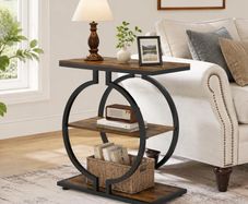 Narrow End Table 3-Tier Round Side Table with Geometric O-Shaped Base Industrial Small Sofa Table