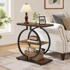 Narrow End Table 3-Tier Round Side Table with Geometric O-Shaped Base Industrial Small Sofa Table