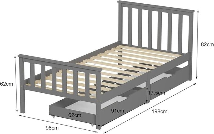Wooden Single Bed Frame with Storage Drawers, Sturdy Bed Base for Kids Adults, With Footboard, Wood Bed Frame Without Mattress Grey