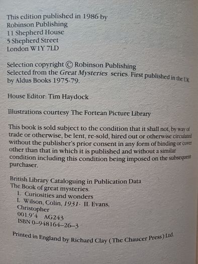The Book of Great Mysteries by Colin Wilson (Paranormal Paperback 1986)