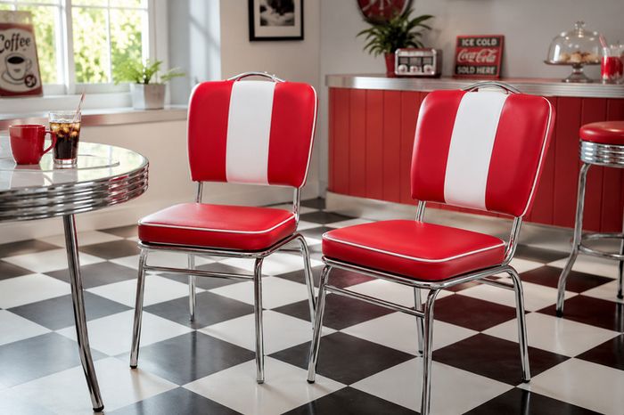 Set of 2 Retro American Diner Dining Chairs Red, Vintage Faux Leather Kitchen Chairs  Chrome Frame