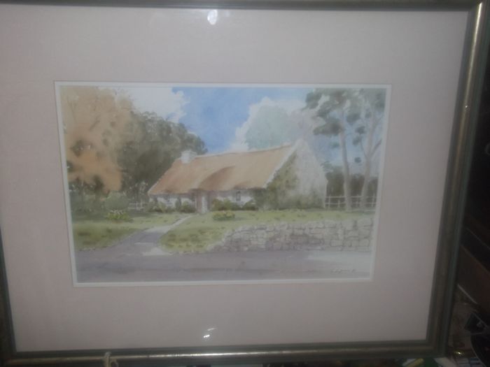 a large water colour painting of a irish cottage connemar  by tony lynch