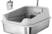 XXL Stainless Steel Cat Litter Box with High Sides, Metal Scoop, 70 x 50 x 30 cm