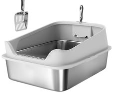 XXL Stainless Steel Cat Litter Box with High Sides, Metal Scoop, 70 x 50 x 30 cm