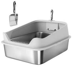 XXL Stainless Steel Cat Litter Box with High Sides, Metal Scoop, 70 x 50 x 30 cm