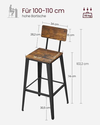Vintage  Bar Stools Set of 2 with Backrest Steel Frame
