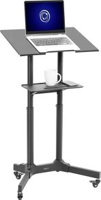 Mobile 24 x 16 inch Lectern Podium, Height Adjustable Steel Rolling Laptop Cart on Wheels, Black, CART-V03E