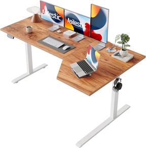 L-Shaped Electric Standing Desk, 160cm Height Adjustable Sit-Stand Desk for Home Office, Ergonomic Computer Desk with Spliced Board, Light Brown