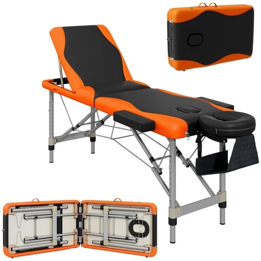 Foldable Massage Bed Portable Table, 3-Section Aluminium Foldable Beauty Couch, Professional Salon Spa Table with Headrest Support and Carry Bag, 60 cm Width, Black and Orange