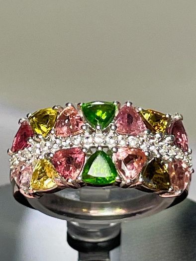 Sterling silver 925 ring with natural Multi-Tourmaline & Natural Zircon. With certificate