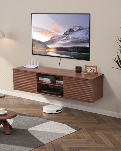 Floating TV Stand, 60" Wall Mount Entertainment Center with Adjustable Shelf & Sliding Doors, 2 Tiers Floating TV Shelf with Storage Cabinet for DVD Player, Cable Box