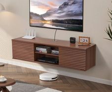 Floating TV Stand, 60" Wall Mount Entertainment Center with Adjustable Shelf & Sliding Doors, 2 Tiers Floating TV Shelf with Storage Cabinet for DVD Player, Cable Box