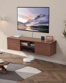 Floating TV Stand, 60" Wall Mount Entertainment Center with Adjustable Shelf & Sliding Doors, 2 Tiers Floating TV Shelf with Storage Cabinet for DVD Player, Cable Box