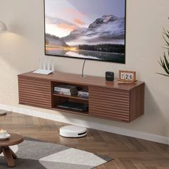 Floating TV Stand, 60" Wall Mount Entertainment Center with Adjustable Shelf & Sliding Doors, 2 Tiers Floating TV Shelf with Storage Cabinet for DVD Player, Cable Box