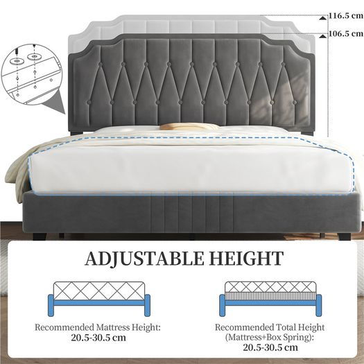 Double Upholstered Velvet Bed Frame with with Diamond Button
